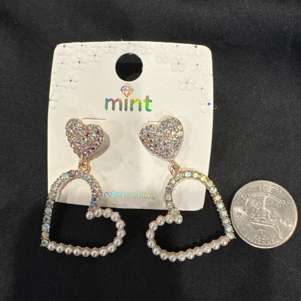 Mint Faux Pearl Rhinestone Double Heart Dangle Earring NEW